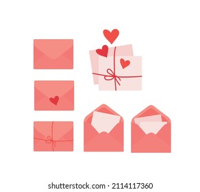 A love letter on Valentine's Day. A postal envelope with a declaration of love. Paper mail postcards templates. Vector isolated colorful element. 