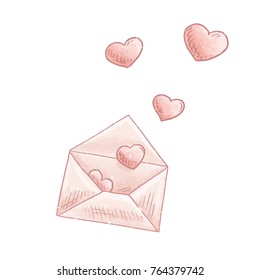 Love letter. Open email with heard cartoon vector. Valentines day post envelope hand drawn illustration. Romantic message