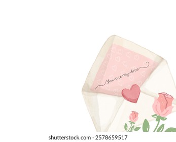 Love letter in open envelope, adorned with hearts and roses, expressing affection with "You are my love" message.