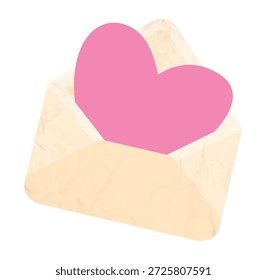 Love letter open envelope halftone collage element. Clip art, cut out romantic mail Crumpled paper texture and pink doodle heart. Modern retro mixed media vector illustration on transparent background