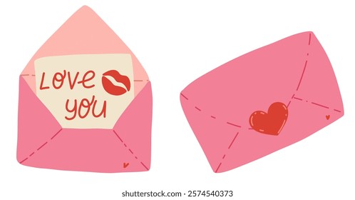 Love letter with open envelope hand drawn illustration. Pink paper, heart, love you vector design. Valentines day letter concept design to use for wedding cards, romantic design projects, stickers
