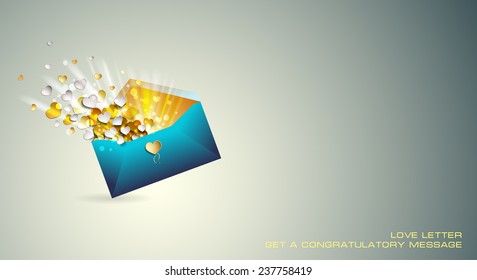 Love letter. Open envelope with hearts. Congratulations on Valentine's Day. Glitter, holiday. 