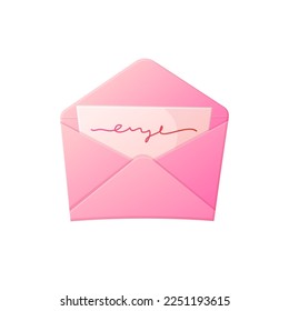 Love letter. Open envelope with letter. Vanentine day, romantic confession concept. Stock vector illustration in flat cartoon style isolated on white background.