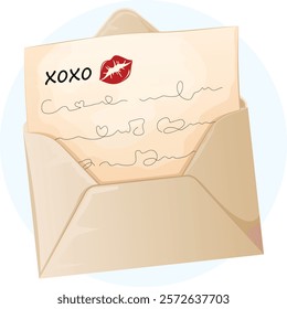 Love Letter Opened Envelope with XOXO Message and Red Lip Mark. Valentine`s Day Isolated Graphic 