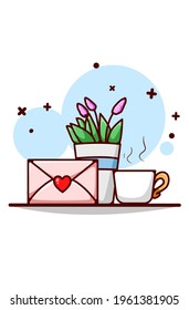 Love letter, ornamental plant and tea cartoon illustration