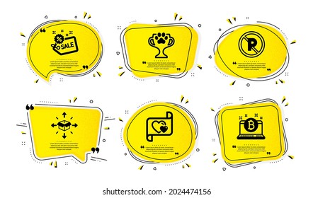 Love letter, Parcel delivery and Sale icons simple set. Yellow speech bubbles with dotwork effect. Winner cup, No parking and Bitcoin signs. Heart, Logistics service, Shopping tag. Vector