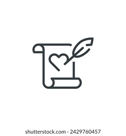 Icono romántico de la declaración del pergamino de la letra del amor, ilustración vectorial