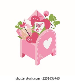 Love letter Pink mailbox with envelope, heart, roses and lollipops isolated on white background. Vector Valentines Day flat cartoon illustration