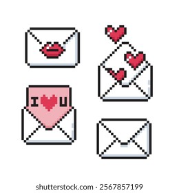 Love letter pixel art collection. Envelopes with red lips, hearts and I love you message. Valentine's day icons in retro style. 