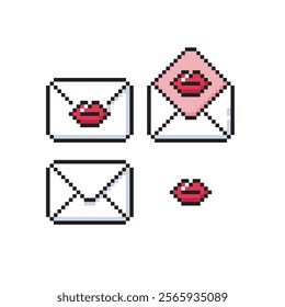 Love letter pixel art. Envelopes with red lips kisses.