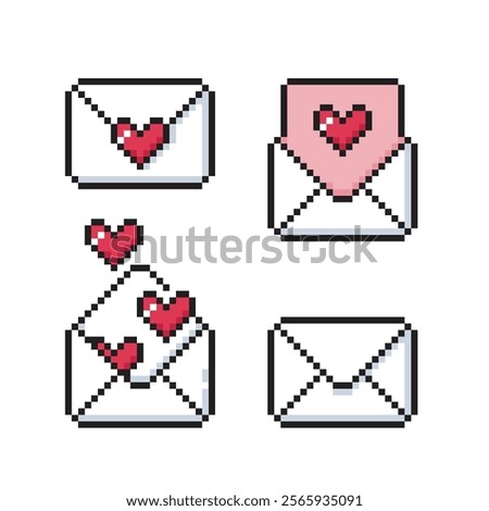 Love letter pixel art set. Envelopes with red hearts and simple closed envelope.