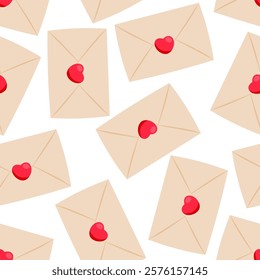 Love letter with red heart stamp  seamless pattern. Valentine Day illustration. 