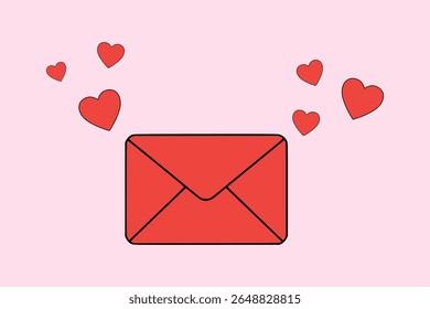 love letter red mail with heart flat color vector illustration template design
