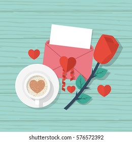 Carta de amor, rosa roja, taza de café con corazón de chocolate con mesa de madera. Objetos románticos. Hoja en blanco en blanco con confesión en el lugar. Diseño plano de ilustración de vector.Feliz Día de San Valentín.