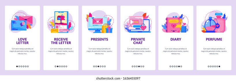 Love letter and romantic gift icons. Diary, perfume, private love chat. Mobile app onboarding screens. Menu vector banner template for website and mobile development. Web site design illustration.
