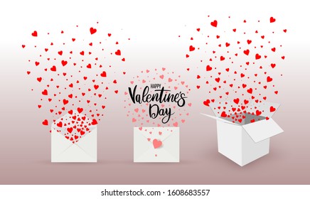 Love letter romantic icon white envelope. Valentine's day gift box present with fly hearts. In the envelope is a card with a heart. Flat style. Vector illustration. Isolated on white background.