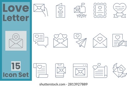 Love letter and romantic message line vector icon set with heart envelopes, valentine day greetings, wedding invitation correspondence, and relationship communication outline elements
