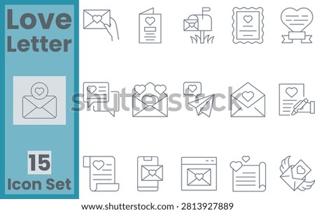 Love letter and romantic message line vector icon set with heart envelopes, valentine day greetings, wedding invitation correspondence, and relationship communication outline elements