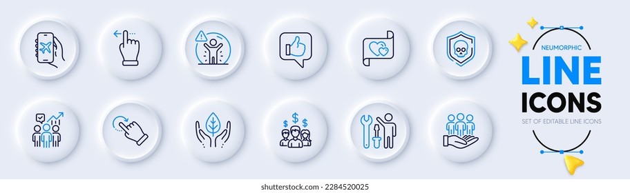 Love letter, Salary employees and Rotation gesture line icons for web app. Pack of Cyber attack, Like, Flight mode pictogram icons. Social distance, Best buyers, Repairman signs. Vector