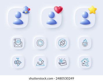 Love letter, Sale and No puzzle line icons. Placeholder with 3d bell, star, heart. Pack of Heart flame, Sleep, Fishing reel icon. Sun, Sun protection pictogram. For web app, printing. Vector