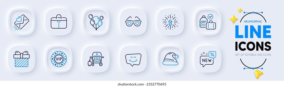 Love letter, Santa hat and Handbag line icons for web app. Pack of Love glasses, Gas grill, Fireworks explosion pictogram icons. Vip chip, Surprise, New signs. Carry-on baggage. Vector