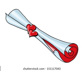The love letter in the scroll decorated with two hearts
