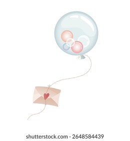 Love letter sealed with a red heart tied to a transparent balloon with colorful bubbles inside. Romantic vector illustration. Ideal for Valentine's Day designs, romantic cards, and invitations.