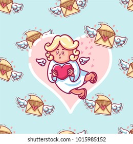 love letter seamless pattern cartoon style for valentine with cupid inside frame. background for valentine. vector illustration