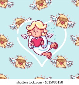 love letter seamless pattern cartoon style for valentine with cupid inside frame. background for valentine. vector illustration