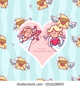 love letter seamless pattern cartoon style for valentine with cupid inside frame. background for valentine. vector illustration