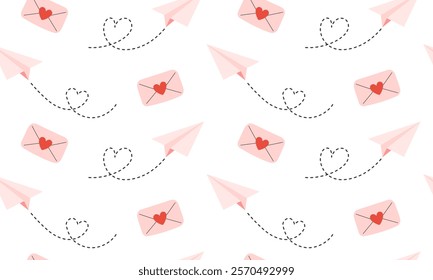 Love letter seamless pattern. Envelope with red heart notification and paper air planes flying. Romantic symbol. Valentine's day background. Flat Vector illustration