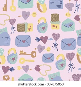 Love Letter seamless vector pattern with adorable sweets, letters, keys and hearts. Hand drawn texture for fabrics, paper and web. St.Valentines Day.