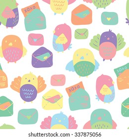 Love Letter seamless vector pattern with adorable lovebirds and letters. Hand drawn texture for fabrics, paper and web. St.Valentines Day.