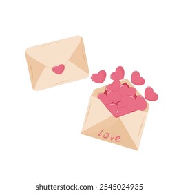 Love letter set for St Valentine day. Opened envelope with red hearts inside. Romance, Love concept. Isolated Illustration for poster, banner, advertising, invitation, cover. EPS 10
