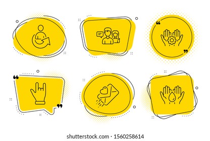 Love letter, Share and Safe water signs. Chat bubbles. Employee hand, Horns hand and People talking line icons set. Work gear, Gesture palm, Contact service. Heart. People set. Vector