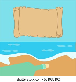 love letter or stranded message. bottle glass vector flat design on the beach. help & sos in water isolated cartoon. lost in the ocean. parchment mail & post. old antique treasure hunt chest game map