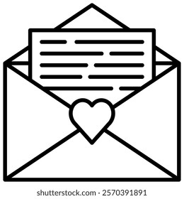 Love letter, symbolized by an envelope with a letter and a heart line art icon illustration. Perfect for Valentine's Day, romantic themes, and correspondence-related designs.