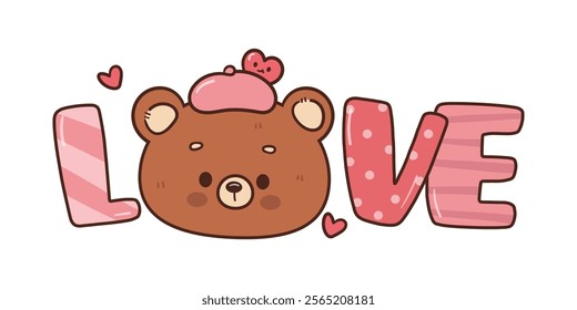 Love letter Teddy bear card valentine animals (Cute cartoon). Series: kawaii sticker whimsical characters. Perfect for romantic wedding vector Flat clipart banner t shirt design and background.