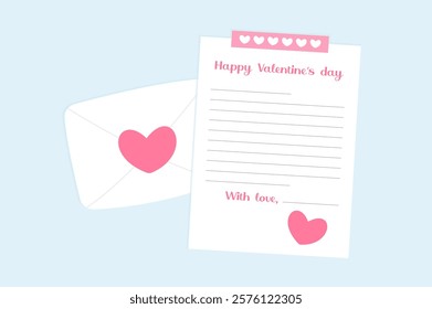 Love letter template. Valentine’s day. Blank paper with envelope, heart, lines and elements. Romantic greeting and celebration note. Vector illustration.