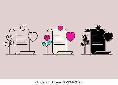 Carta de amor com três estilos diferentes. Carta de amor com símbolo de coração e flor de rosa. Tema dos namorados, ilustração vetorial.
