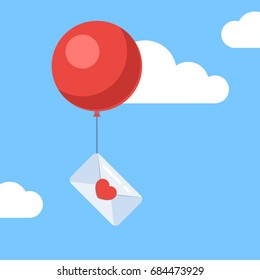 A love letter tied to a balloon flying in the sky. Love mail concept. Vector illustration in trendy flat style