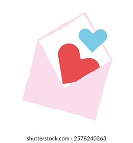 Love letter with two colorful hearts inside a pink envelope, for Valentines Day greeting cards