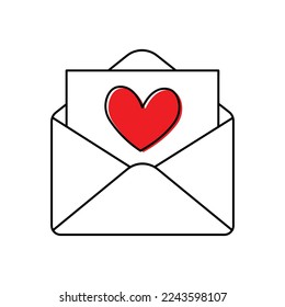 love letter for valentine day, simple black line envelope icon with red heart symbol, vector illustration