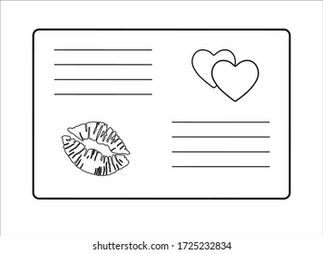  Love letter Valentine. Envelope with a love message decorated with two hearts - vector linear picture for coloring. The imprint of the lips on the envelope. Outline.