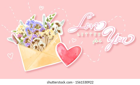 Love letter for Valentine's day and any special celebration day. Design of flowers in watercolor painting and papercut. Aim using for wallpaper, banner, card, and printing.
