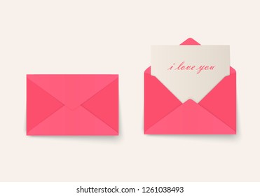 Love letter Valentine's Day envelopes with paper and an inscription "I love you" isolated on white background. Vector illustration.