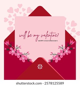 Love letter Valentine's Day envelopes with paper and an inscription "will be my valentine?" on pink background. Vector illustration.