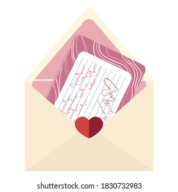 Love Letter For Valentines Day. Opened Envelope With Hearts And Pink Greeting Card. Modern Flat Cartoons Style. Cute Isolated Illustrated Element For Web And Print.