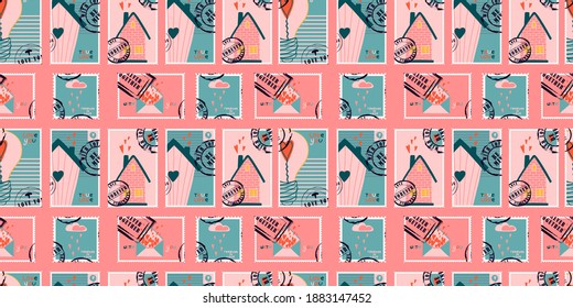 love letter, valentine's, postage stamps. Seamless vector design. Beautiful abstract invitation card with pink love letter for wallpaper design.