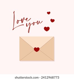 Love letter vector flat illustration. Beige envelope with red hearts and lettering.